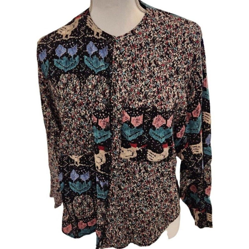 Vintage 80's Long Sleeve Farm Pattern Shirt Size M Black Chickens Flowers